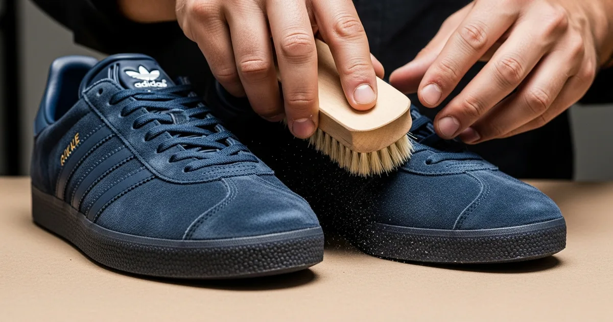 Nettoyage professionnel d'une chaussure en daim à la brosse en crêpe